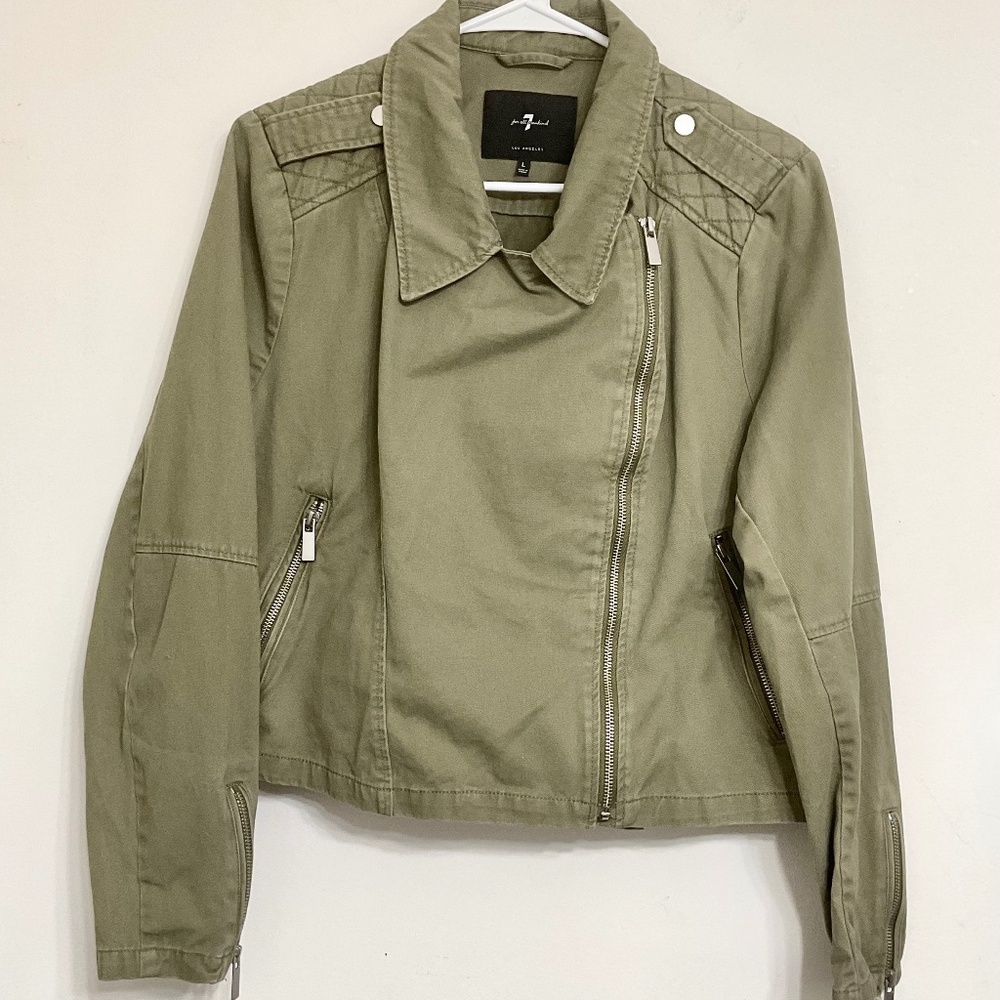 7 For All Mankind Women's Sz L Khaki Green Jacket 100% Cotton